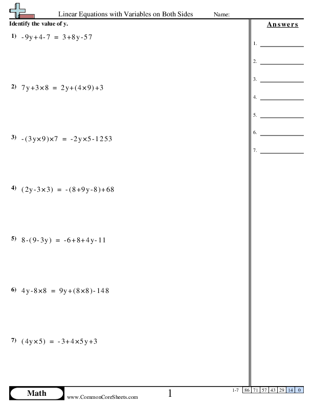 Linear Equations with Variables on Both Sides worksheet